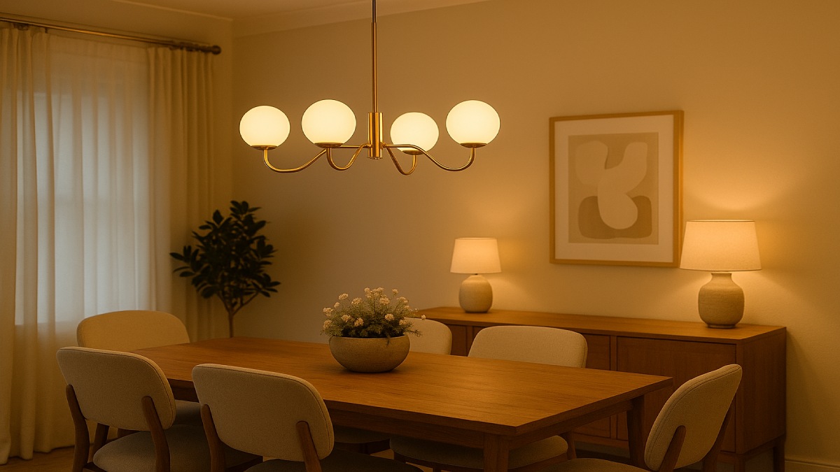 Layered lighting design combining chandelier, sconces, and recessed lights