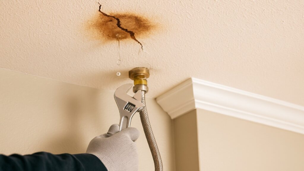 Gloved hand tightening a braided supply line while water drips from a small ceiling crack with a brown stain