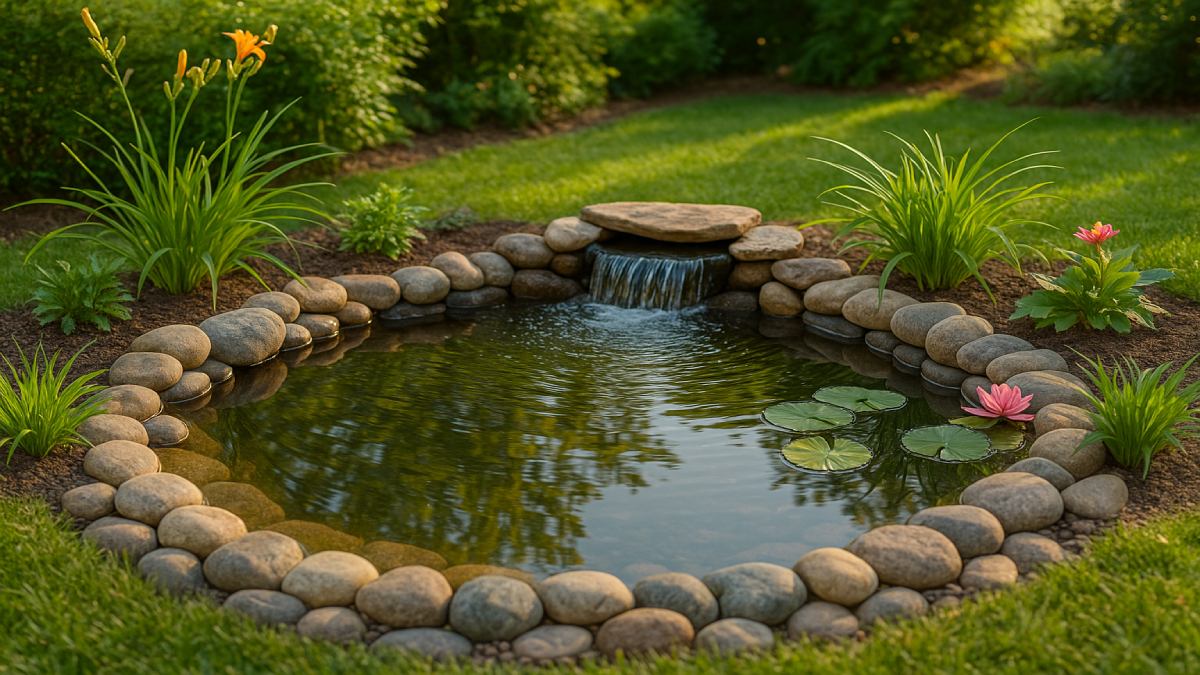 A finished backyard pond with a small waterfall, surrounded by round stones, green plants, and blooming water lilies under warm afternoon light