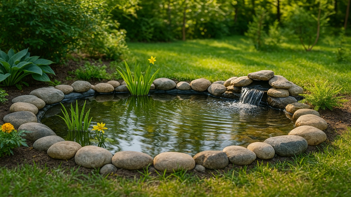 A backyard pond surrounded by stones and plants with a small waterfall and clear water reflecting sunlight