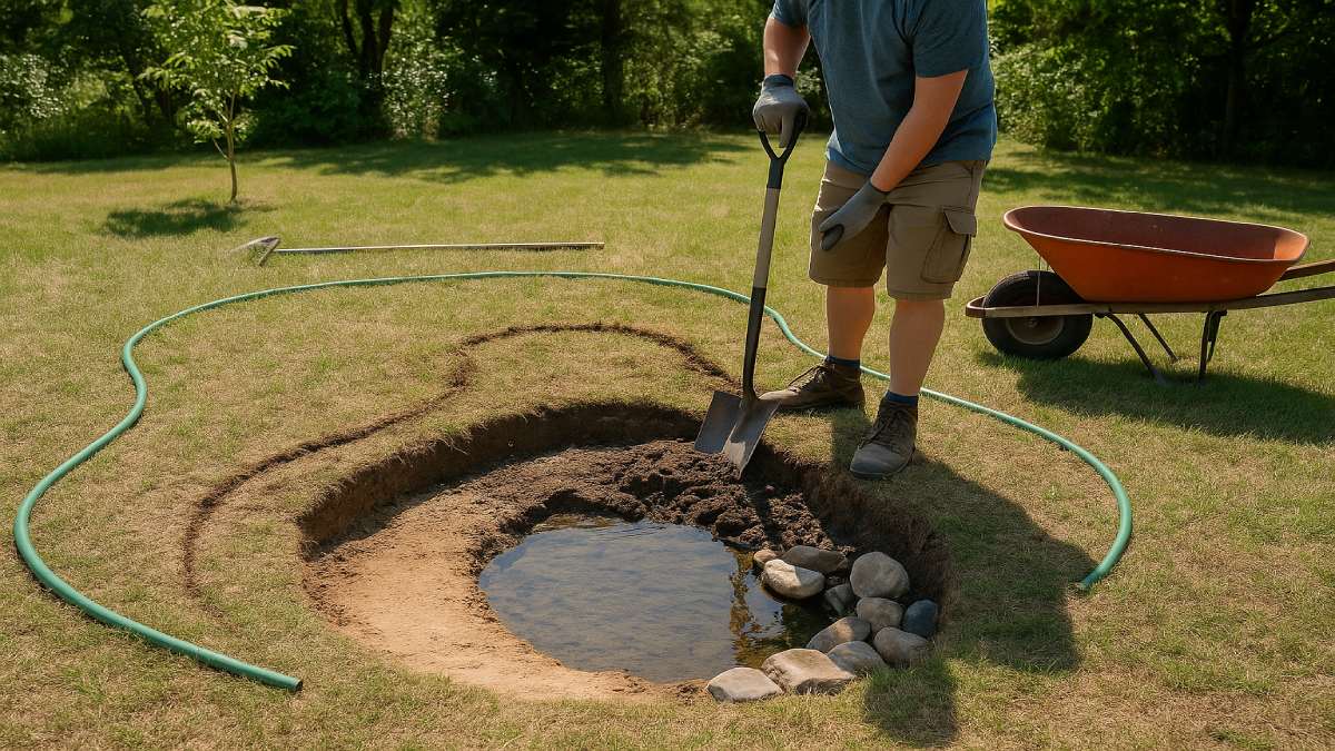 A person digging a kidney-shaped pond outlined with a garden hose, surrounded by soil, tools, and a wheelbarrow in a sunny backyard.