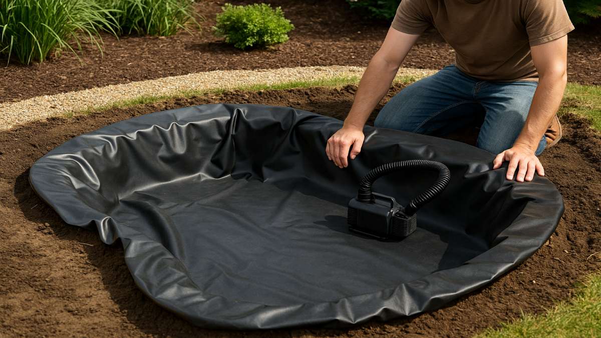 A photograph taken during daytime depicts a homeowner installing a pond liner and pump