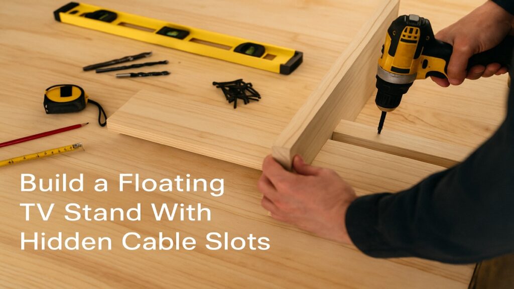 Back panel of a floating TV stand with long cable slots and brush grommets