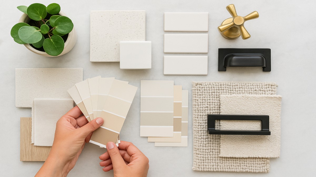 Neutral bathroom palette with paint swatches, metal finishes, and tile samples arranged on a counter