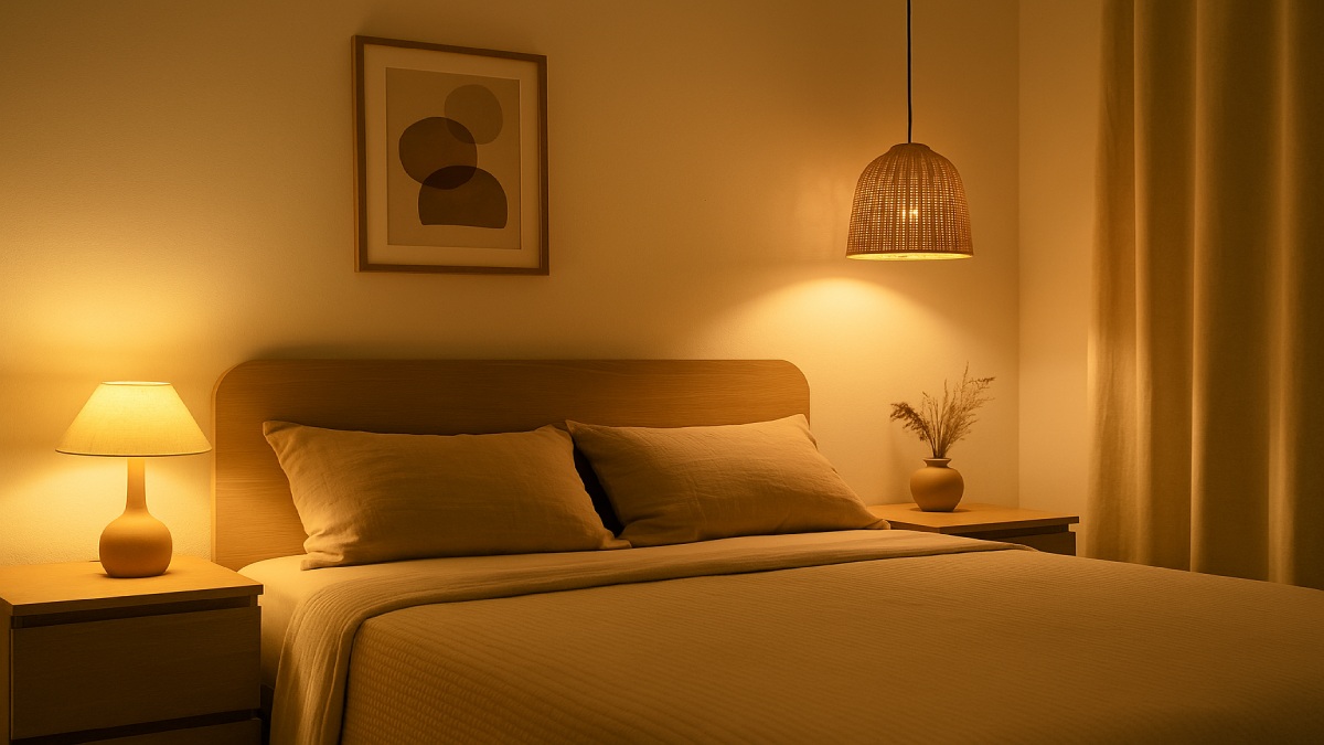 Warm ambient bedroom lighting creating a cozy and peaceful atmosphere