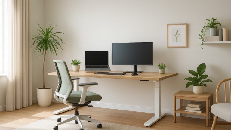 Bright home office with sit-stand desk, ergonomic chair, task lamp, and plants near a window