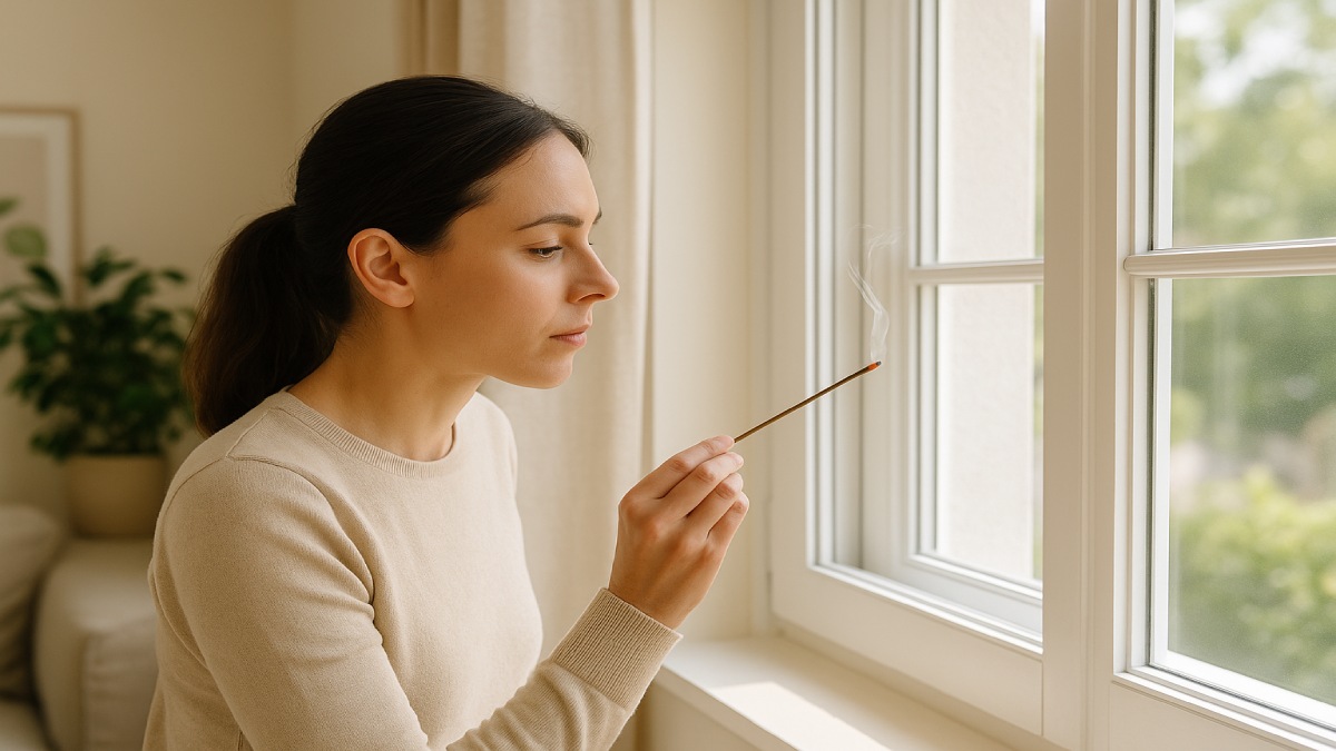 Homeowner using incense stick to detect air leaks around window frame.