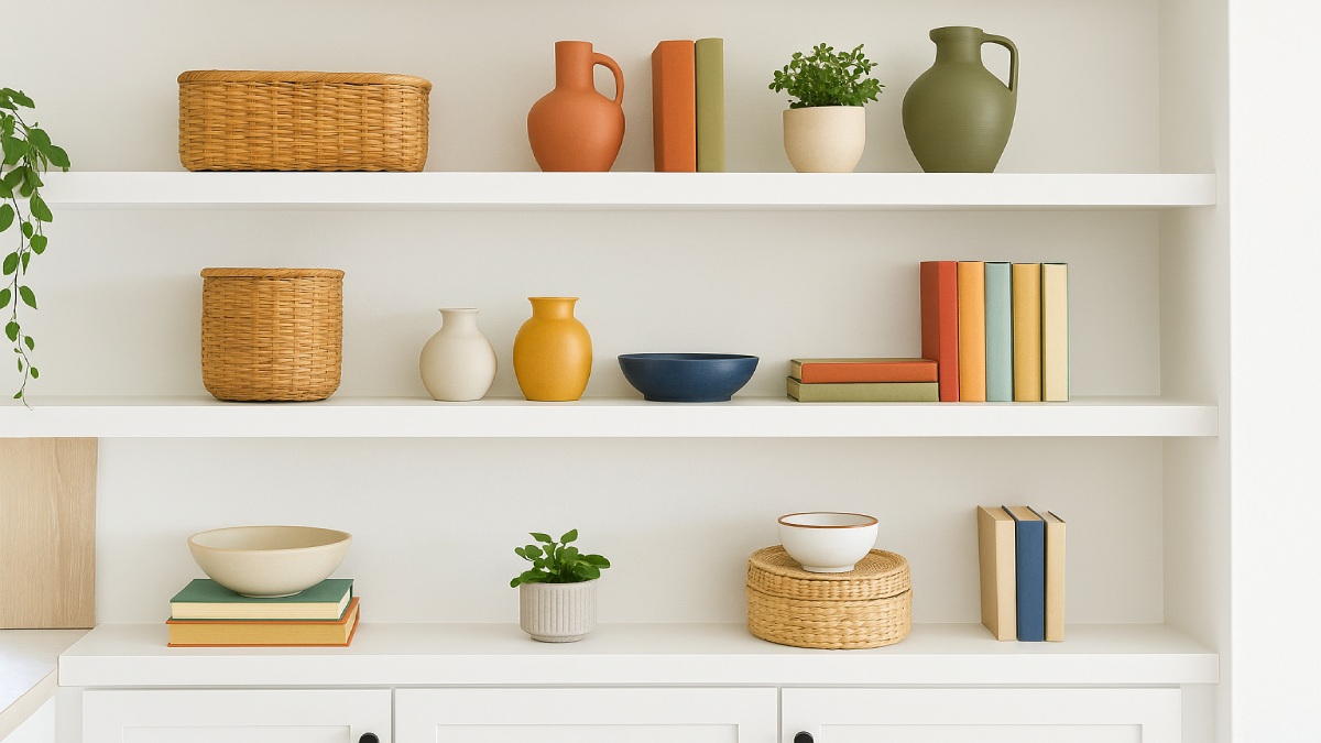 Colorful decorative accessories on open shelving in a neutral kitchen
