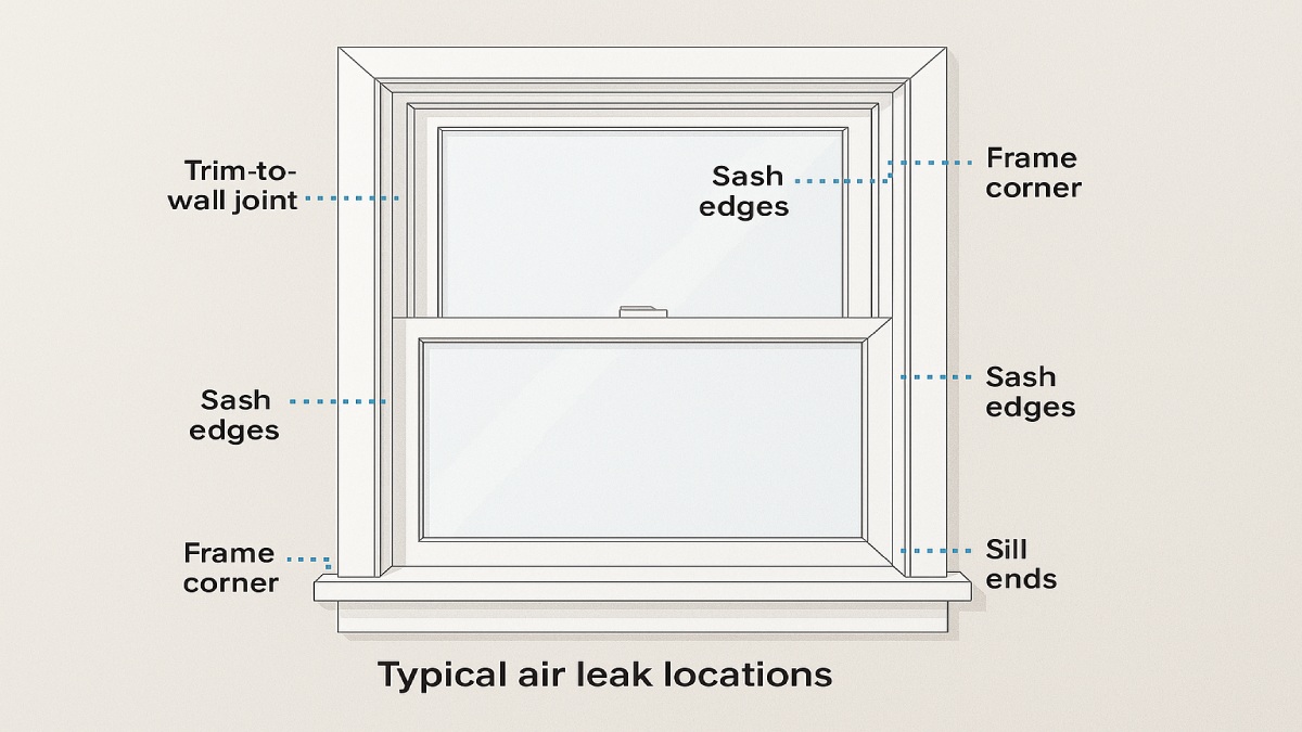 Diagram showing common air leak points around a window frame and trim