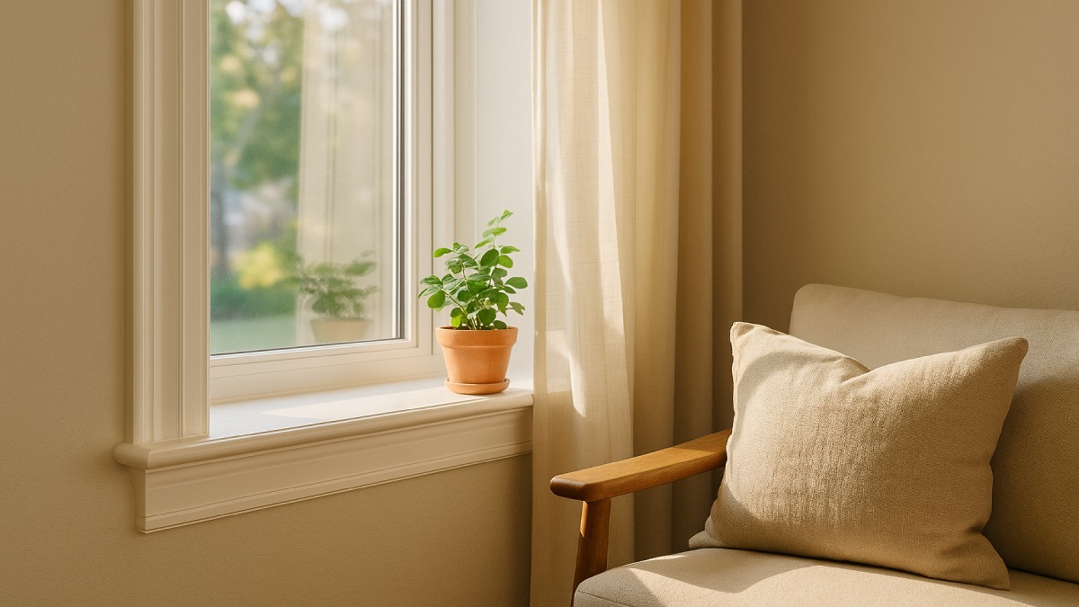 Finished window with fresh caulk lines and new weatherstripping, sunlight warming a comfortable living room