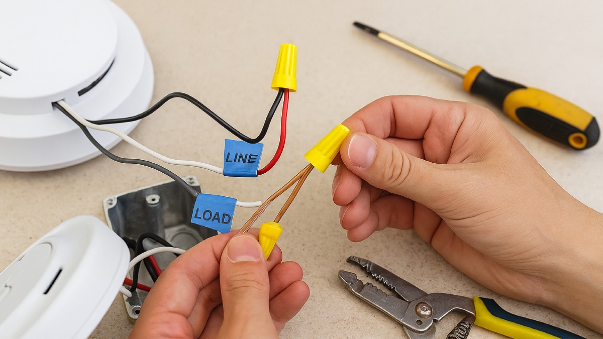 Hands connecting copper conductors to a new smoke detector harness using wire nuts.