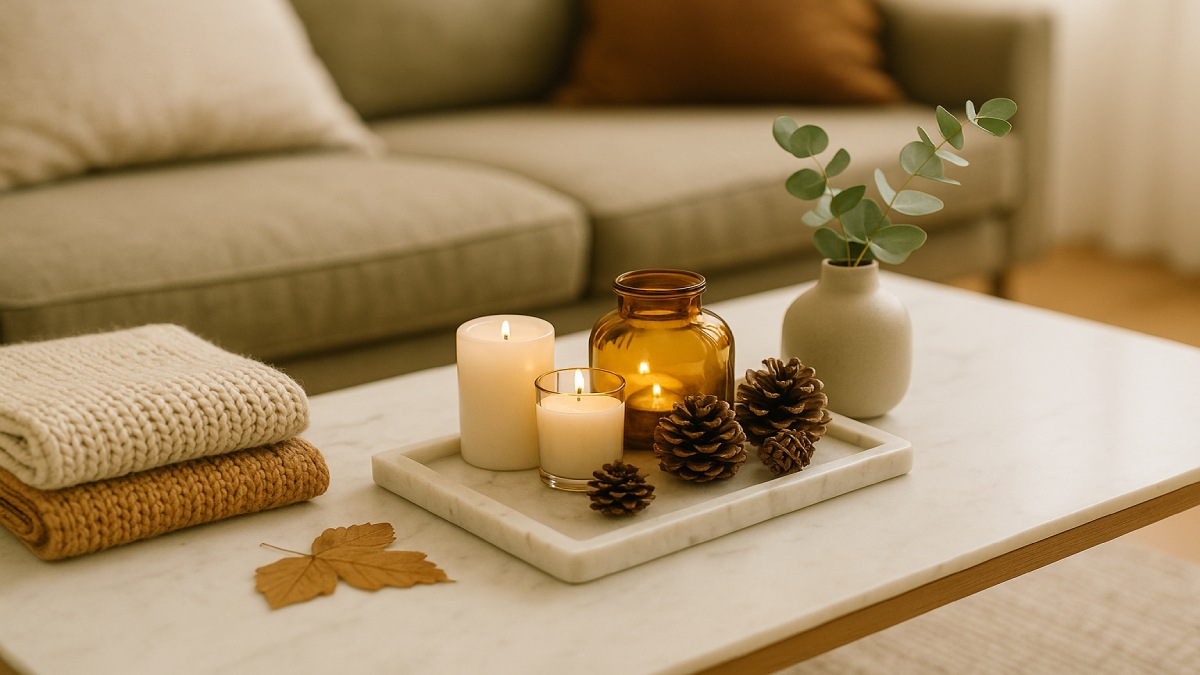 Tray with candles, folded throws, and greenery on a coffee table