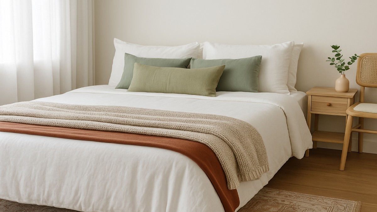 Soft-toned bedroom with colorful textiles and layered fabrics