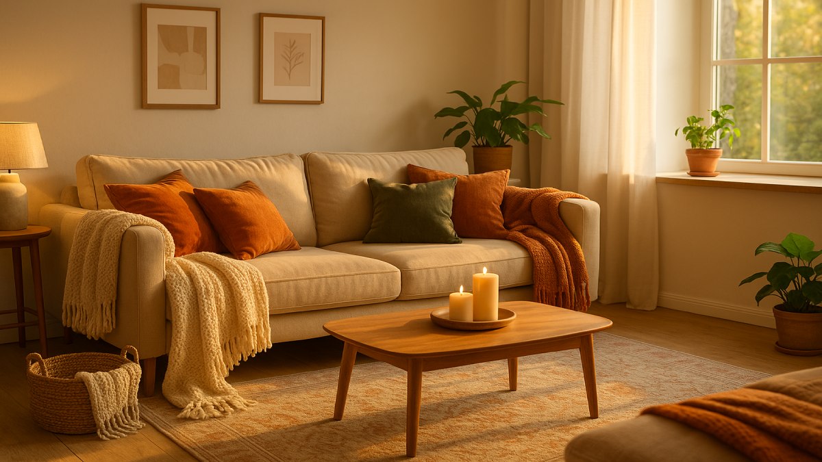 Cozy living room with warm lighting, wood accents, and layered textiles