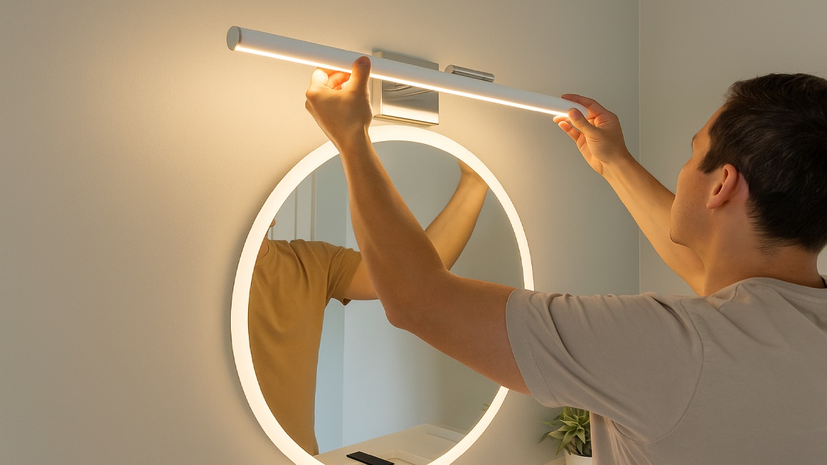 Homeowner installing a lighted mirror and new vanity light in a modern bathroom