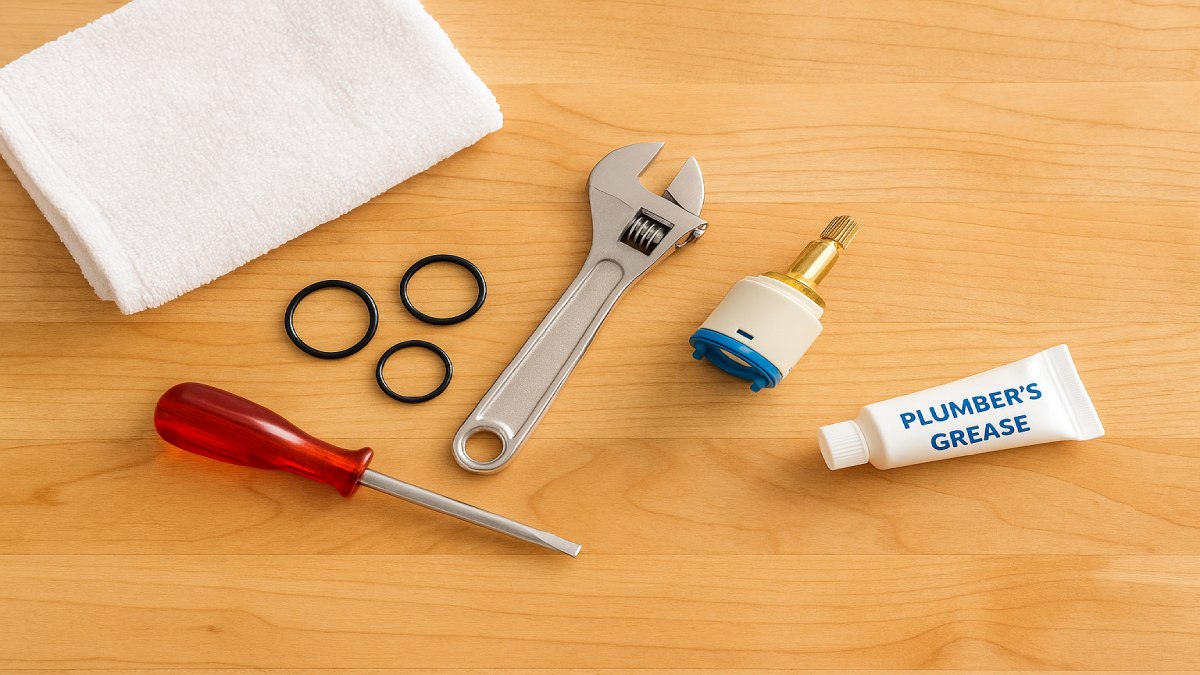 DIY faucet repair tools on kitchen counter