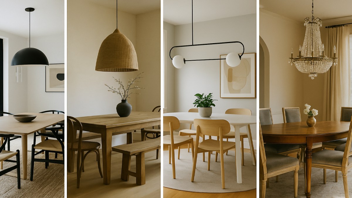Different dining room lighting styles including modern, rustic, and glam