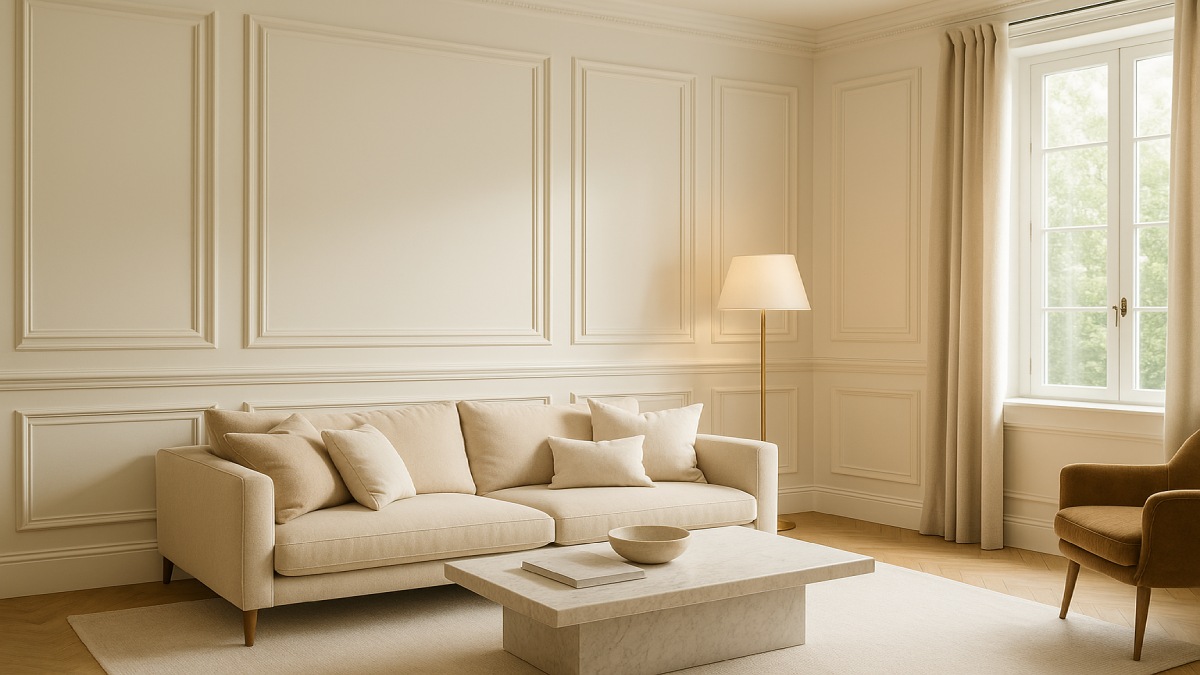 Elegant living room with decorative wall molding and warm lighting