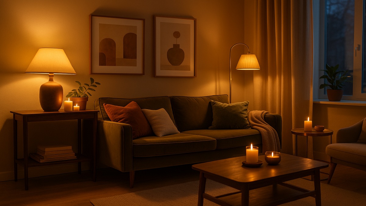 Living room with layered warm lighting and brass accents