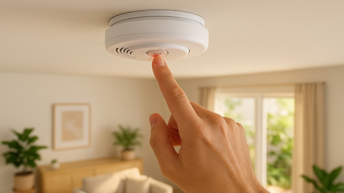 Finished smoke detector on a clean ceiling; homeowner pressing the test button while other alarms sound in the background.
