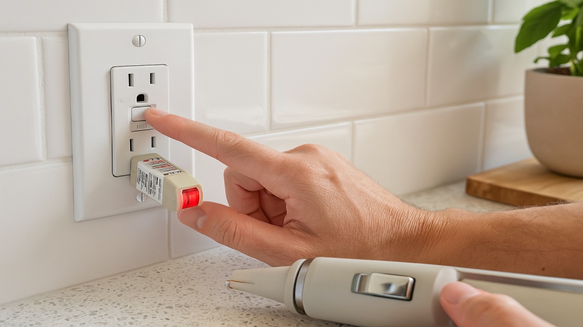 Finished kitchen GFCI outlet with faceplate installed; homeowner pressing reset after successful test