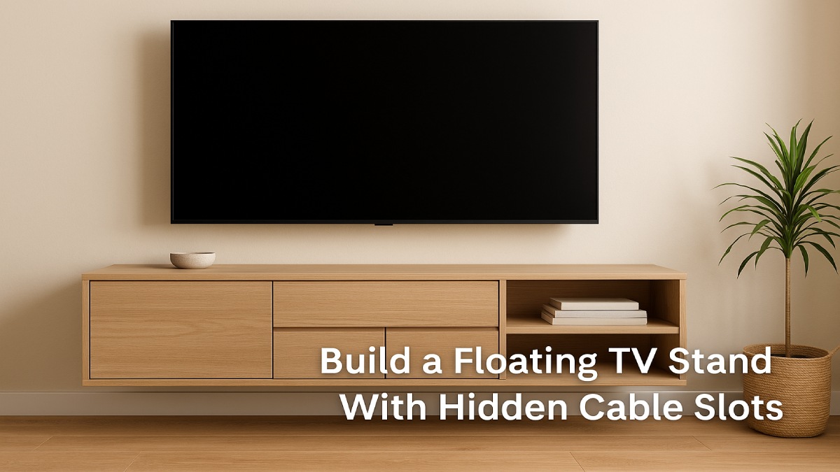 Finished floating media console with hidden cable management and LED bias lighting