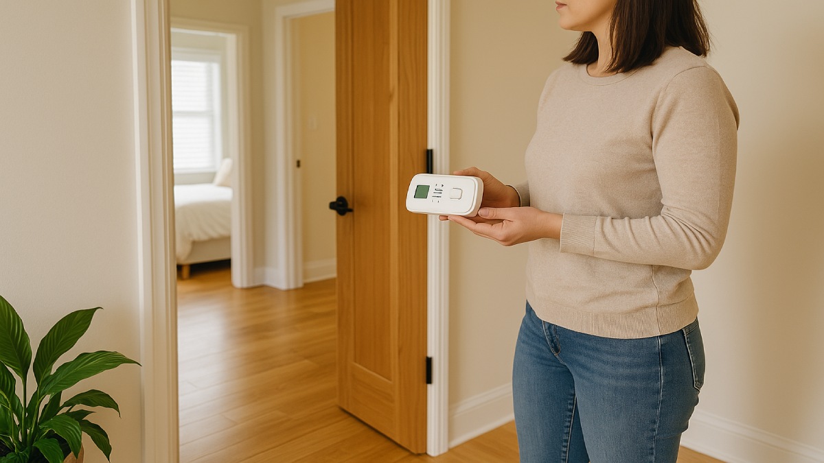 Homeowner positioning a carbon monoxide alarm in hallway near bedrooms.