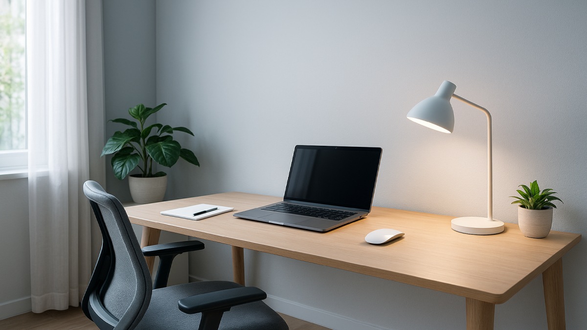 Home office setup with balanced cool white lighting.