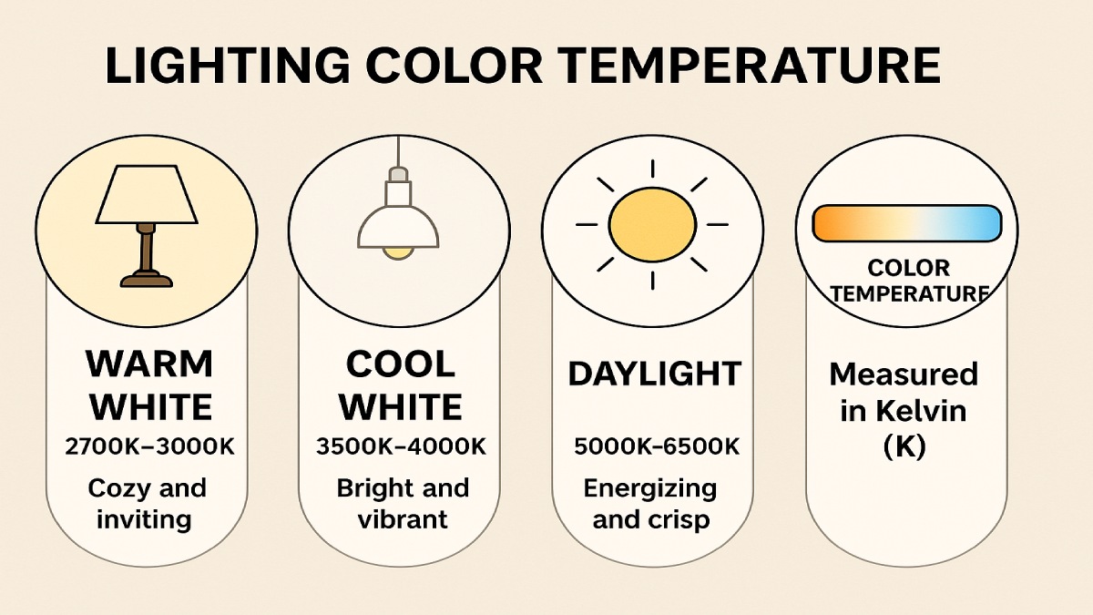 Diagram showing warm and cool lighting temperature examples