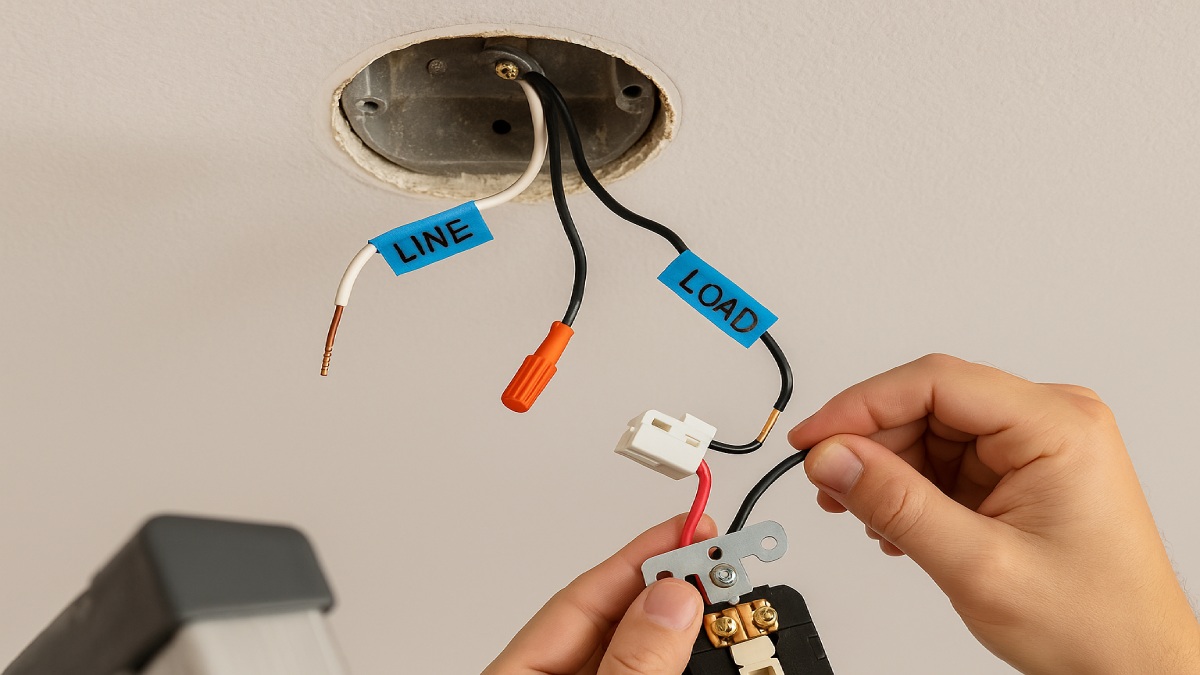 Open electrical box with GFCI removed; line and load conductors clearly labeled with blue tape.