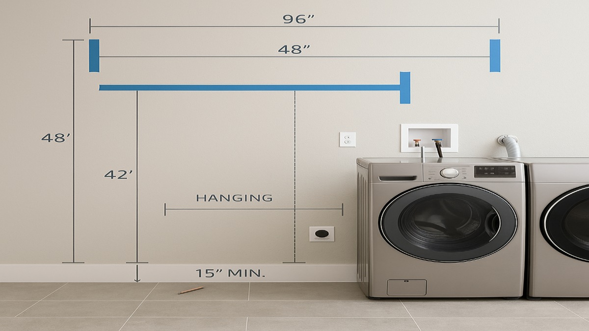 Laundry wall elevation sketch showing cabinet heights, rod position, and appliance clearances