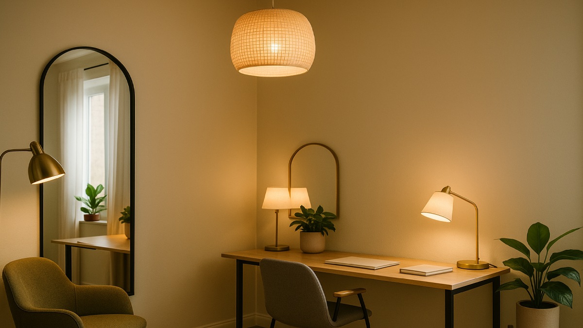 Home office corner with brass lamps and layered warm lighting.