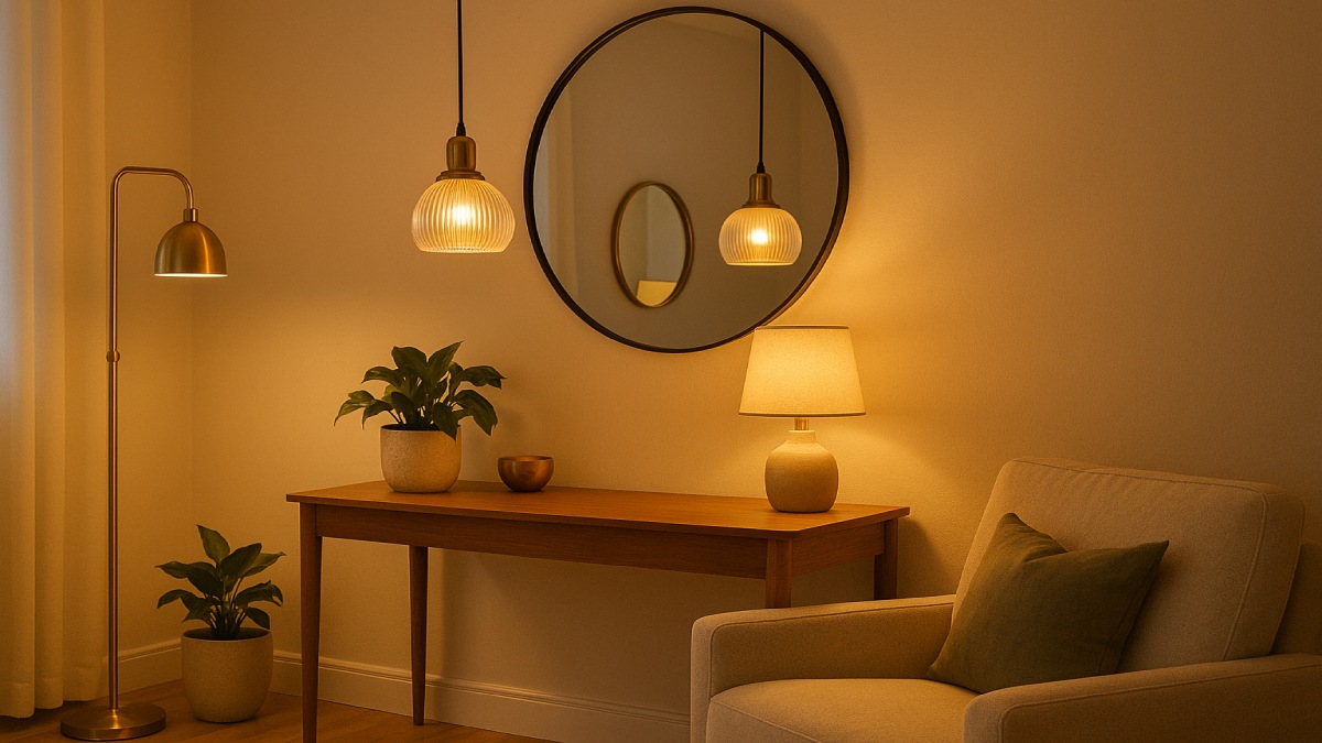 Living room with accent lighting and mirrored décor enhancing color