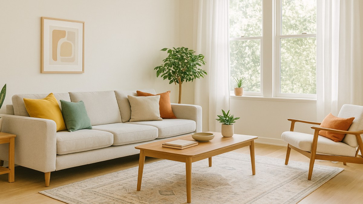Bright living room with colorful rug and cushions