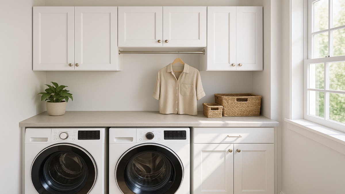 Bright laundry room with wall cabinets over washer and dryer and a hanging rod between cabinets
