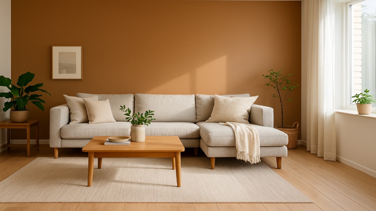 Modern living room with a warm-toned accent wall