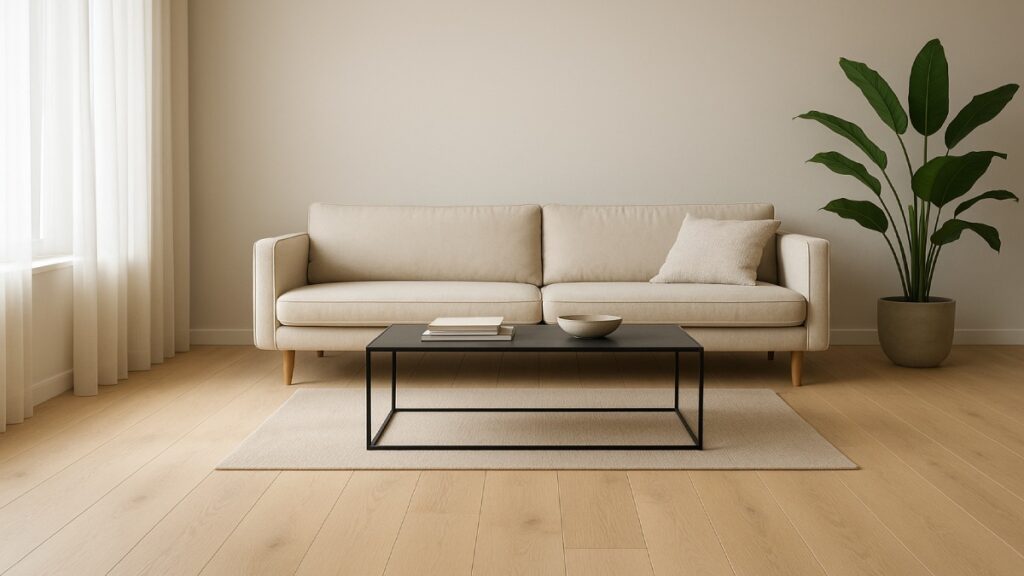 Modern minimalist living room with light oak flooring and neutral decor