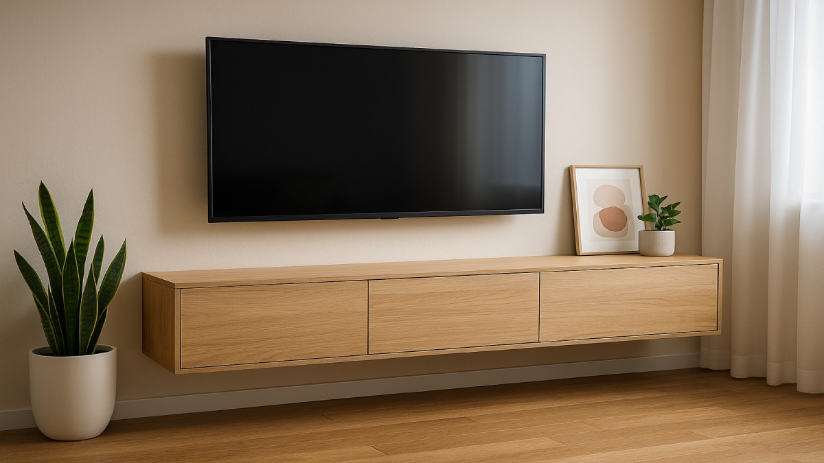 Modern floating TV stand with hidden cables and a clean wall-mount design