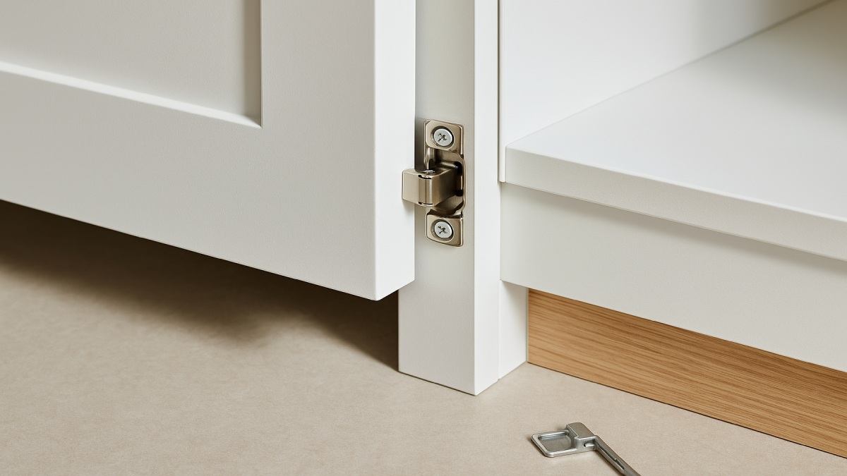 Close-up of moisture-resistant plywood cabinet box with soft-close hinges and sealed edges