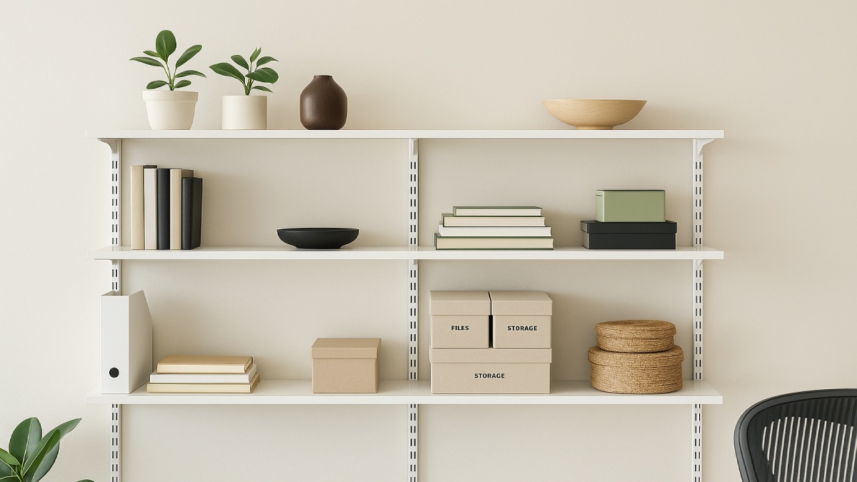 Open shelves with labeled storage, books, plants, and a mix of warm wood and matte accessories in a minimalist office