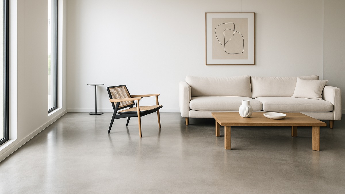 Polished concrete floor in a modern open-plan living room.