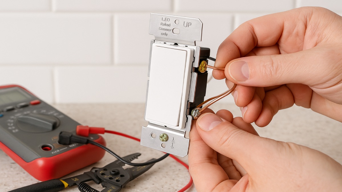 Close-up of a new dimmer switch with copper conductors landed on side screws and neutrals neatly joined under a listed connector.