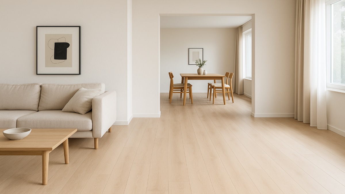 Minimalist home interior with consistent flooring and soft natural lighting