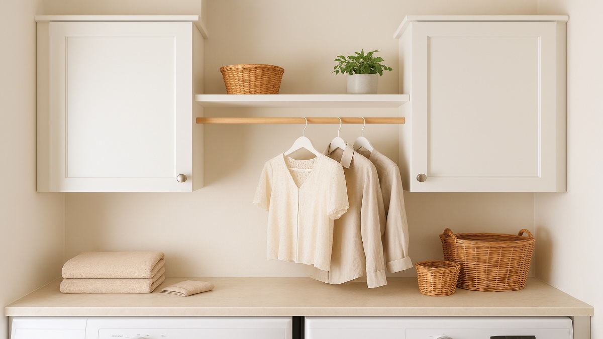 Laundry room with a shelf-and-rod combo installed between two upper cabinets above a countertop