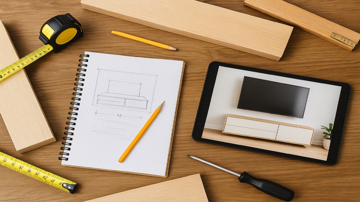 Sketch of a floating TV stand layout with interior bays and rear cable chase