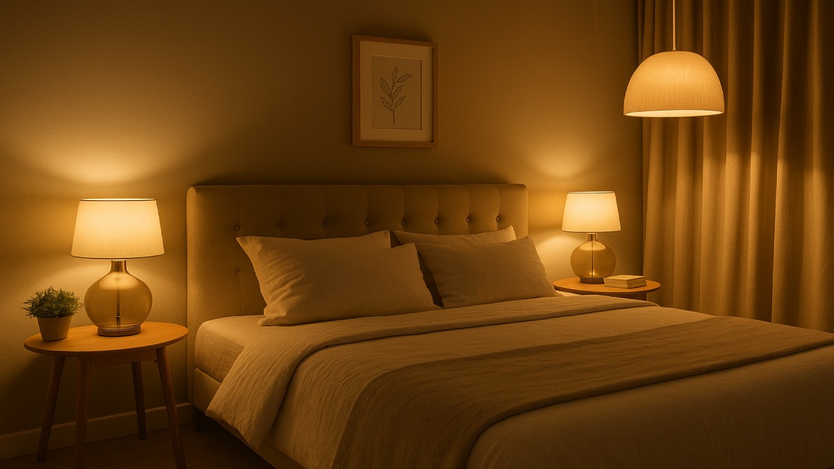 Modern smart bedroom with adjustable lighting scenes controlled via smartphone app