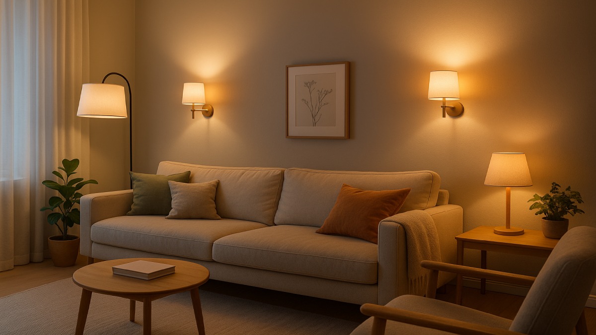 Smart lighting system changing color temperature in living room