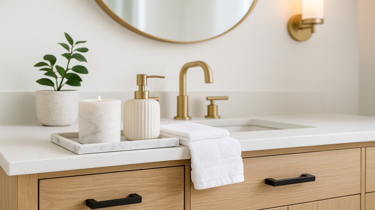 Styled vanity top with a small tray, candle, plant, and folded towels in a neutral bathroom