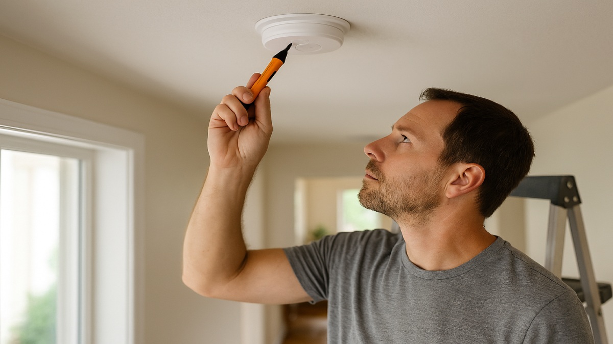 Homeowner verifying a smoke detector circuit is de-energized using a voltage tester.