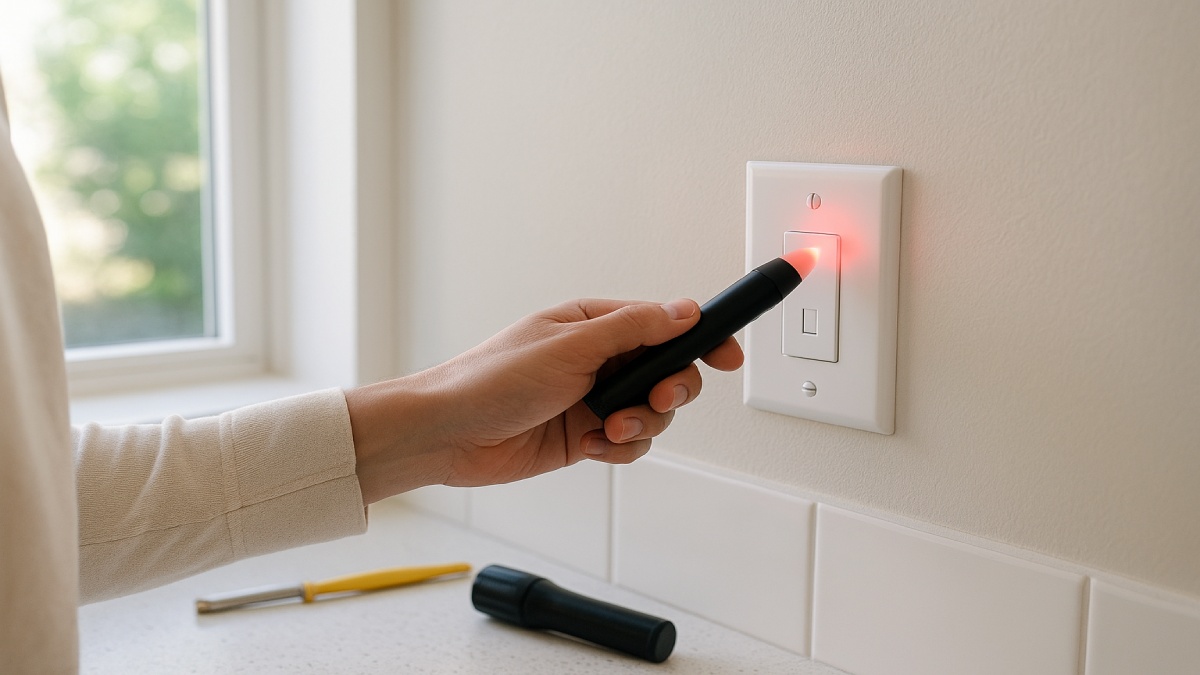 Homeowner using a non-contact voltage tester near a wall switch while tracing a flicker issue.